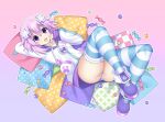  1girl ass choker choujigen_game_neptune dimension252525 full_body happy hood hood_down hoodie knees_up long_sleeves lying medium_hair neptune_(neptune_series) neptune_(series) on_back panties purple_eyes purple_hair sidelocks smile solo striped striped_panties striped_thighhighs thighhighs underwear 