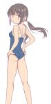  1girl ass blue_one-piece_swimsuit from_behind hair_ornament hairclip highres long_hair looking_at_viewer multicolored_hair one-piece_swimsuit onii-chan_wa_oshimai! ponytail purple_hair saiste solo swimsuit two-tone_hair 