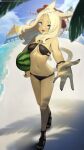  1girl :d animal_ears beach bikini black_bikini blonde_hair blue_eyes blue_sky blurry breasts cat_ears cat_girl cat_tail commission dark-skinned_female dark_skin depth_of_field facial_mark fang final_fantasy final_fantasy_xiv food fruit full_body halterneck highres long_hair looking_at_viewer medium_breasts miqo&#039;te navel ocean palm_leaf sky smile stomach swimsuit tail tostantan tree_shade warrior_of_light_(ff14) watermelon whisker_markings wristband 