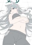  blue_archive breasts grey_hair highres long_hair looking_at_viewer lying masabodo medium_breasts on_back shiroko_(blue_archive) shiroko_(terror)_(blue_archive) 