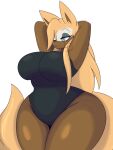  2023 aged_up anthro big_breasts black_clothing black_leotard blonde_hair blue_eyes breasts brown_body brown_fur canid canine canis clothing dewwydarts female fluffy fluffy_tail fur hair hair_over_eye hands_behind_head hi_res huge_breasts idw_publishing leotard long_hair mammal one_eye_obstructed sega simple_background smile solo sonic_the_hedgehog_(comics) sonic_the_hedgehog_(idw) sonic_the_hedgehog_(series) standing tail thick_thighs whisper_the_wolf white_background wide_hips wolf 