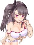 1girl are_you_333 arm_support arm_under_breasts azur_lane bare_shoulders black_hairband blush breast_rest breasts brown_hair cardigan cherry_print cleavage commentary_request dress fang food_print hairband hand_up highres hip_focus large_breasts leaning_forward lock_necklace long_hair looking_at_viewer official_alternate_costume open_cardigan open_clothes pamiat_merkuria_(azur_lane) pamiat_merkuria_(sweet_cherry_memories)_(azur_lane) pink_eyes pulled_by_self side_ponytail solo strap_pull strap_slip teasing thighs undressing very_long_hair white_dress 