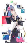  1girl absurdres apple axe belt blue_hair bracelet choker dress earrings food fruit gloves highres hololive hood hoodie hoshimachi_suisei hoshimachi_suisei_(1st_costume) hoshimachi_suisei_(3rd_costume) hoshimachi_suisei_(new_year) hoshimachi_suisei_(school_uniform) hoshimachi_suisei_(shout_in_crisis) hoshimachi_suisei_(stellar_into_the_galaxy) jewelry long_hair looking_at_viewer multiple_persona open_mouth partially_fingerless_gloves red_eyes school_uniform smile solo template_(hololive) tetris tiara tsukino_(nakajimaseiki) v virtual_youtuber 