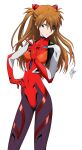  1girl blue_eyes bodysuit breasts brown_hair evangelion:_3.0_you_can_(not)_redo eyepatch hair_over_one_eye hand_on_own_hip highres interface_headset long_hair marco_albiero multicolored_bodysuit multicolored_clothes neon_genesis_evangelion plugsuit rebuild_of_evangelion signature skin_tight white_background 