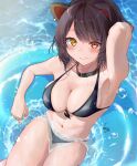  1girl animal_ears arm_rest arm_up armpits artist_name bare_arms bikini black_bikini black_choker blush breasts brown_hair choker cleavage closed_mouth cowboy_shot ear_piercing eyelashes from_above front-tie_bikini_top front-tie_top hand_in_own_hair heterochromia highres innertube inui_toko looking_at_viewer medium_breasts mg. navel nijisanji outdoors partially_submerged piercing red_eyes sitting smile solo strap_gap string_bikini swept_bangs swimsuit virtual_youtuber water water_drop wet yellow_eyes 