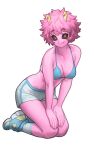  1girl absurdres ashido_mina bare_shoulders black_sclera boku_no_hero_academia collarbone colored_sclera colored_skin highres horns kneeling lentiyay looking_at_viewer pink_hair pink_skin shoes shorts simple_background smile sneakers solo 