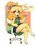  2023 accessory animal_crossing anthro barefoot blonde_hair breasts canid canine chair cigarette clothing dialogue english_text feet female floppy_ears furniture hair hair_accessory hi_res honowyn isabelle_(animal_crossing) looking_at_viewer mammal nintendo on_chair signature simple_background sitting sitting_on_chair smile smoking solo speech_bubble text 