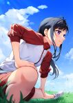  1girl black_hair blue_sky bon_(bonbon315) highres jacket long_hair original ponytail purple_eyes red_shorts shorts sky solo stretching track_jacket track_suit 