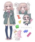  1girl :o black_shirt black_thighhighs blush_stickers brown_skirt chibi danganronpa_(series) danganronpa_2:_goodbye_despair diaper dress_shirt ear_bow frown green_jacket highres hood hood_down hooded_jacket index_finger_raised jacket medium_hair miniskirt monomi_(danganronpa) multiple_views nanami_chiaki neck_ribbon open_clothes open_jacket pink_eyes pink_footwear pink_hair pink_ribbon pleated_skirt ribbon shirt shirt_tucked_in shoes skirt spaceship_hair_ornament speech_bubble tetris thighhighs translation_request u_u_(16557) white_shirt 