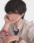  1boy bishounen black_hair black_necktie brown_eyes can closed_mouth collared_shirt fingernails hand_on_own_cheek hand_on_own_face hand_up head_rest highres holding holding_can kagoya1219 light_smile long_bangs loose_necktie male_focus necktie original shirt short_hair signature simple_background soda_can solo upper_body watch white_background white_shirt wristwatch 