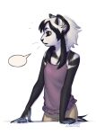  2023 anthro black_body black_fur black_hair bottomwear clothed clothing dated female fur glistening glistening_eyes hair lostgoose red_eyes signature simple_background solo speech_bubble standing tan_bottomwear tan_clothing white_background white_body white_fur white_hair 