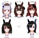  5girls aruchi000 black_hair black_headwear blue_eyes blunt_bangs brown_hair brown_headwear character_name ear_covers fenomeno_(racehorse) genderswap genderswap_(mtf) gentildonna_(racehorse) gold_ship_(umamusume) green_eyes grey_hair horse_girl just_a_way_(racehorse) long_hair looking_at_viewer multicolored_hair multiple_girls original personification pillbox_hat purple_eyes simple_background single_ear_cover smile streaked_hair tilted_headwear umamusume upper_body verxina_(racehorse) white_background white_hair yellow_eyes 