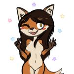  1:1 2023 5_fingers anthro black_nose breasts brown_hair canid canine cynthia_saito error032 fangs female fingers fox fur gesture gloves_(marking) hair hi_res humanoid_hands mammal markings multicolored_body multicolored_fur navel nude one_eye_closed open_mouth open_smile orange_body orange_fur signature smile solo teeth two_tone_body two_tone_fur v_sign white_body white_fur wink 