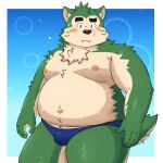  2023 anthro belly big_belly black_nose blush bulge canid canine canis clothing domestic_dog green_body hi_res humanoid_hands kemono lifewonders live_a_hero male mammal mokdai moobs navel nipples overweight overweight_male solo underwear yaki_atsuage 
