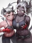  2girls abs absurdres black_horns black_pants demon demon_girl demon_horns demon_tail eyewear_on_head gloves glowing glowing_eyes grey_eyes grey_hair hand_on_another&#039;s_chest hand_on_own_chest helltaker highres horns judgement_(helltaker) justice_(helltaker) multiple_girls navel numanoan pants red_gloves sports_bra sunglasses tail white_background white_eyes 