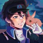  1boy ace_attorney animal animal_on_shoulder black_hair black_jacket blue_eyes blue_sky blush brown_rabbit buttons clay_terran cloud cloudy_sky collared_jacket finger_to_another&#039;s_mouth gloves grin hair_between_eyes highres jacket looking_at_animal m18280226378 male_focus moon night night_sky portrait rabbit shirt short_hair sidelocks sky smile solo spiked_hair star_(sky) starry_sky white_gloves white_shirt 