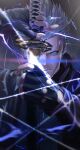  1boy black_coat black_gloves blue_eyes coat devil_may_cry_(series) fingerless_gloves gloves grey_hair highres holding holding_sword holding_weapon jyugomio male_focus short_hair solo spiked_hair sword vergil_(devil_may_cry) weapon yamato_(sword) 