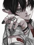  1boy absurdres bandaged_arm bandages bandaid bandaid_on_arm black_choker black_hair blood blood_on_face bracelet choker eyepatch eyepatch_removed grey_eyes grey_nails highres holding_eyepatch isumisumi jewelry lip_piercing male_focus nosebleed original piercing red_shirt ring shirt short_sleeves spiked_ear_piercing tattoo white_background white_shirt 