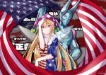  1boy 1girl absurdres american_flag arnold_fland artist_name blonde_hair blue_skin clownpiece colored_skin crossover dirty_deeds_done_dirt_cheap fairy_wings flag_print highres jojo_no_kimyou_na_bouken jojo_pose long_hair pointy_ears polka_dot_headwear purple_eyes purple_headwear short_sleeves stand_(jojo) star_(symbol) star_print steel_ball_run touhou upper_body wings 