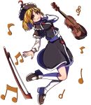  1girl black_footwear black_headwear black_skirt blonde_hair bow_(music) commentary frilled_hat frills full_body hand_on_own_face hat highres instrument long_sleeves looking_at_viewer lunasa_prismriver musical_note one-hour_drawing_challenge renshirenji short_hair simple_background skirt socks solo touhou violin white_background white_socks yellow_eyes 