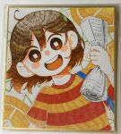  1boy 720m_orange blush brown_eyes brown_hair highres holding holding_newspaper kel_(omori) looking_at_viewer newspaper omori open_mouth red_shirt rolled_up_newspaper shirt short_hair short_sleeves smile solo striped striped_shirt teeth tongue upper_body upper_teeth_only yellow_shirt 