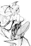  1girl :d aeyga bare_shoulders blush breasts demon_girl greyscale head_wings high_heels highres large_breasts leotard long_hair monochrome morrigan_aensland open_mouth pantyhose shiny_skin smile solo teeth upper_teeth_only vampire_(game) wings 