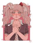  1girl alternate_costume black_shirt blush bow collarbone cosplay danganronpa:_trigger_happy_havoc danganronpa_(series) enoshima_junko enoshima_junko_(cosplay) freckles grey_eyes hair_bow hair_ornament hands_up heart ikusaba_mukuro looking_at_viewer necktie own_hands_together rabbit_hair_ornament red_background red_bow sake_daikon shirt short_sleeves solo teeth twintails white_background white_hair 