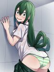  1girl against_wall ass asui_tsuyu boku_no_hero_academia clothes_pull embarrassed fingernails green_eyes green_hair green_skirt hair_between_eyes hair_rings highres kobaji light_blush long_hair looking_at_viewer low-tied_long_hair open_mouth panties school_uniform shirt short_sleeves skirt skirt_pull solo striped striped_panties sweatdrop u.a._school_uniform underwear very_long_hair wet wet_clothes wet_shirt white_shirt 