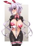  1girl animal_ears blush bow bowtie breasts cleavage covered_nipples cowboy_shot detached_collar fake_animal_ears gloves heart heart_pasties highres large_breasts light_purple_hair long_hair looking_at_viewer meme_attire navel open_mouth pasties penis_measuring playboy_bunny purple_eyes purple_hair rabbit_ears rabbit_tail reverse_bunnysuit reverse_outfit ruler senki_zesshou_symphogear simple_background solo tail very_long_hair white_gloves wrist_cuffs yoshi_tama yukine_chris 