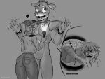  annoyed anthro big_breasts big_butt blush blush_lines bodily_fluids bow_tie bra bracelet breast_squish breasts butt cleavage clothed clothing devil_draenor ear_piercing ear_ring eyelashes featureless_crotch female five_nights_at_freddy&#039;s five_nights_at_freddy&#039;s:_security_breach gesture glamrock_freddy_(fnaf) gregory_(fnaf) grey_background group hair hat headgear headwear hi_res holding_flashlight huge_breasts human jewelry larger_male male mammal monochrome muscular muscular_male piercing pointing pointing_at_breasts ponytail rear_view ring_piercing scottgames security security_guard shoulder_pads simple_background size_difference spiked_bracelet spikes squish steel_wool_studios sweat sweatdrop text thick_thighs top_hat translucent translucent_clothing translucent_topwear trio underwear vanessa_(fnaf) wide_hips 
