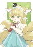  ! !! 1girl animal_ears arknights blue_hairband blue_skirt cardigan commentary_request creature creature_on_head cross-laced_clothes cross-laced_skirt crossover food fox_ears fox_girl fox_tail frilled_hairband frills green_eyes hairband highres holding holding_food kanaminemu kitsune kyuubi long_sleeves luo_xiaohei luo_xiaohei_zhanji multiple_tails neck_ribbon official_alternate_costume on_head one-hour_drawing_challenge open_mouth puffy_long_sleeves puffy_sleeves red_ribbon ribbon skirt suzuran_(arknights) suzuran_(spring_praise)_(arknights) tail yellow_cardigan 