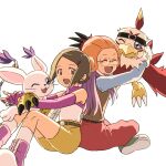  2girls 2others :d back-to-back blue_eyes brown_hair closed_eyes digimon digimon_(creature) digimon_adventure_02 elbow_gloves fingerless_gloves gdn0522 glasses gloves green_footwear hair_ornament hairclip happy hawkmon headband helmet highres inoue_miyako long_hair long_sleeves multiple_girls multiple_others one_eye_closed pants pink_footwear purple_gloves purple_hair red_pants shirt short_hair shorts simple_background sitting sleeveless sleeveless_shirt smile tailmon white_background white_gloves yagami_hikari yellow_shorts 