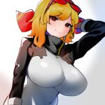  1girl blonde_hair blush breasts brown_eyes dismassd dress earrings eyewear_on_head gloves highres hololive hololive_indonesia jewelry kaela_kovalskia large_breasts looking_at_viewer medium_hair red-tinted_eyewear red_eyes smile solo sunglasses tinted_eyewear virtual_youtuber 