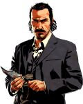  1boy black_hair black_jacket black_vest collared_shirt dutch_van_der_linde facial_hair highres holding holding_knife jacket jewelry knife looking_at_viewer mustache official_art red_dead_redemption_2 ring shirt simple_background solo stubble suit transparent_background upper_body vest white_shirt 