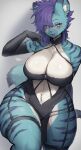  absurd_res anthro armwear big_breasts blue_body blue_fur blush breasts canid cleavage clothed clothing curvy_figure elbow_gloves eyebrow_through_hair eyebrows fangs female female_anthro fur gloves hair handwear hi_res huge_breasts jewelry kalla_(kallayeen) kemono looking_at_viewer mammal multicolored_body multicolored_fur open_mouth purple_body purple_fur purple_hair signature simple_background smile solo striped_body striped_fur stripes suurin_2 teeth thick_thighs translucent translucent_hair voluptuous white_body white_fur wide_hips yellow_eyes 
