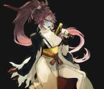  1girl baiken bandaged_leg bandages black_background black_jacket breasts cleavage collarbone commentary cropped_jacket eyelashes eyepatch feet_out_of_frame guilty_gear high_ponytail holding holding_sword holding_weapon jacket jacket_on_shoulders japanese_clothes katana kimono large_breasts leather leather_jacket long_hair long_sleeves looking_ahead obi one-eyed open_mouth over_shoulder pink_hair ranko_no_ane sash scar scar_across_eye sheath sheathed solo sword tassel teeth torn_clothes torn_sleeves upper_teeth_only weapon weapon_over_shoulder white_kimono wide_sleeves yellow_eyes yellow_sash 
