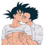  2boys abs bara bare_pectorals black_hair blush closed_eyes clothes_lift dragon_ball dragon_ball_super glasses highres kiss large_pectorals looking_at_another male_focus multiple_boys muscular muscular_male nano8 pectorals shirt shirt_lift short_hair simple_background son_gohan son_goku spiked_hair upper_body white_background white_shirt yaoi 