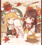  2girls absurdres ascot black_vest blonde_hair bow bowl braid bread bread_bun bread_slice brown_hair butter buttons chopsticks commentary_request detached_sleeves eating food frilled_hair_tubes frills fruit hair_bow hair_tubes hakurei_reimu hat highres holding holding_chopsticks jam jar kirisame_marisa leaf long_hair mozukuzu_(manukedori) multiple_girls mushroom nontraditional_miko nut_(food) plaid plaid_background rice_bowl shirt single_braid strawberry touhou vest white_shirt witch_hat yellow_ascot yellow_eyes 