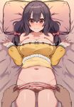  1boy 1girl absurdres bare_shoulders bed_sheet blush braid breasts cleavage closed_mouth collarbone covered_nipples crown_braid from_above groin hair_ribbon highres kono_subarashii_sekai_ni_shukufuku_wo! large_breasts long_hair long_sleeves lying navel off-shoulder_shirt off_shoulder on_back panties panty_pull pillow pov pov_hands pulled_by_another red_eyes red_panties red_ribbon ribbon sheet_grab shirt solo_focus striped striped_panties tearing_up thighs twintails underwear wavy_mouth white_panties yellow_shirt yunyun_(konosuba) zerobarto 