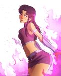  1girl absurdres armband artist_name black_hair blackfire colored_fire crop_top dc_comics el_saburoe fire highres looking_back navel pink_eyes pink_fire pink_skirt pink_top shirt skirt sleeveless sleeveless_shirt solo teen_titans watermark 