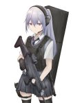  1girl assault_rifle black_gloves black_theme bulletproof_vest closed_mouth collared_shirt fingerless_gloves fn_scar gloves grey_eyes grey_hair grey_necktie grey_skirt grey_vest gun headphones highres long_hair necktie original ponytail rifle school_uniform shirt shsuta_0013 simple_background skirt solo trigger_discipline vest weapon white_background white_shirt zettai_ryouiki 