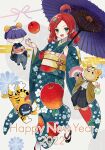  1girl 2022 3boys ahoge andou_ringo animal_costume animal_ears animal_print apple apple_print chibi dot_nose drill_hair ecolo_(puyopuyo) eyelashes flask food fruit full_body green_eyes grin hair_ornament hair_over_eyes hairclip hakama hand_fan happy_new_year highres holding holding_fan holding_flask holding_umbrella japanese_clothes kashima_miyako kimono multiple_boys name_connection object_namesake oil-paper_umbrella purple_umbrella puyo_(puyopuyo) puyopuyo puyopuyo_7 red_apple red_snapper risukuma_(puyopuyo) sandals sasaki_maguro short_hair smile socks tiger_costume tiger_ears tiger_print twin_drills umbrella white_socks wide_sleeves 