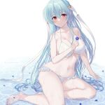  1girl awayuki_ramika azura_(fire_emblem) bare_arms bare_legs bikini blue_hair blush breasts cleavage closed_mouth collarbone commentary_request feet fire_emblem fire_emblem_fates flower hair_between_eyes hair_ribbon holding holding_flower large_breasts long_hair looking_at_viewer navel petals petals_on_liquid red_eyes ribbon smile solo swimsuit thighs toes very_long_hair wet white_bikini 