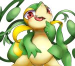  blush des_toroyah eyelashes featureless_crotch female feral forked_tongue generation_5_pokemon hi_res licking licking_lips nintendo pokemon pokemon_(species) red_eyes semi-anthro sharp_teeth simple_background slightly_chubby snivy solo teeth tongue tongue_out vine_tentacles white_background 