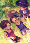  3boys artist_name brothers child girikashi43 grass hat highres lying missing_tooth monkey_d._luffy multiple_boys one_piece portgas_d._ace sabo_(one_piece) siblings smile straw_hat top_hat 