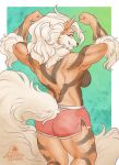  amber-aria anthro arcanine arm_tuft bottomwear butt canid clothed clothing elbow_tuft female flexing fluffy fluffy_tail fur furgonomics generation_1_pokemon hotpants mammal muscular muscular_anthro muscular_female nintendo orange_body orange_fur partially_clothed pokemon pokemon_(species) shirtless shorts smile solo tail teeth topless tuft 
