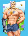  1boy abs absurdres adventure_time aged_up bara beard bee blonde_hair bug bulge chest_tattoo denim denim_shorts erection erection_under_clothes facial_hair feet_out_of_frame finn_the_human highres large_pectorals long_beard long_hair looking_at_viewer male_focus male_pubic_hair mature_male mechanical_arms muscular muscular_male navel nipples open_fly pectorals pubic_hair shorts single_mechanical_arm solo standing stomach tattoo thick_eyebrows thick_mustache tied_beard topless_male v-taper very_long_hair yawmie 