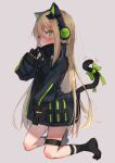  1girl animal_ear_headphones animal_ears black_gloves black_jacket black_socks blonde_hair blush bow cat_ear_headphones cat_ears cat_tail commentary_request covered_mouth eip_(pepai) fake_animal_ears full_body girls&#039;_frontline gloves green_eyes headphones jacket kneeling long_hair looking_at_viewer simple_background socks solo tail tail_bow tail_ornament tmp_(girls&#039;_frontline) very_long_hair 