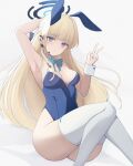  1girl absurdres animal_ears aqua_bow aqua_bowtie arm_behind_head armpits blonde_hair blue_archive blue_eyes blue_leotard bow bowtie breasts cleavage commentary_request detached_collar e-na fake_animal_ears feet_out_of_frame grey_background halo headset highres legs leotard long_hair looking_at_viewer medium_breasts official_alternate_costume playboy_bunny rabbit_ears simple_background sitting solo thighhighs thighs toki_(blue_archive) toki_(bunny)_(blue_archive) v white_thighhighs 