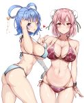  2girls absurdres adapted_costume alternate_costume amagi_(amagi626) ass ass_visible_through_thighs bandaged_arm bandages bikini blue_eyes blue_hair blush breasts bun_cover cleavage closed_mouth cowboy_shot cuffs double_bun hair_bun hair_ornament hair_rings hair_stick halterneck highres ibaraki_kasen kaku_seiga large_breasts looking_at_viewer medium_hair multiple_girls navel parted_lips pink_eyes pink_hair shackles side-tie_bikini_bottom simple_background smile standing string_bikini swimsuit touhou white_background 